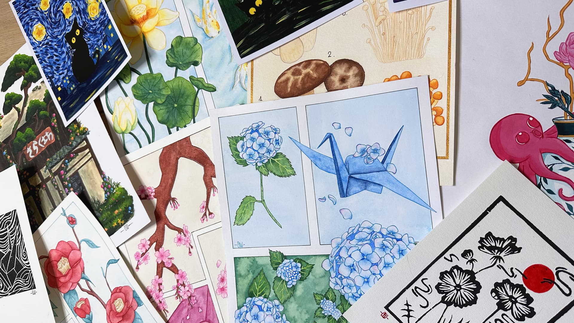 Collection d'illustrations originales de Charlotte Williame - aquarelle, linogravure, origami